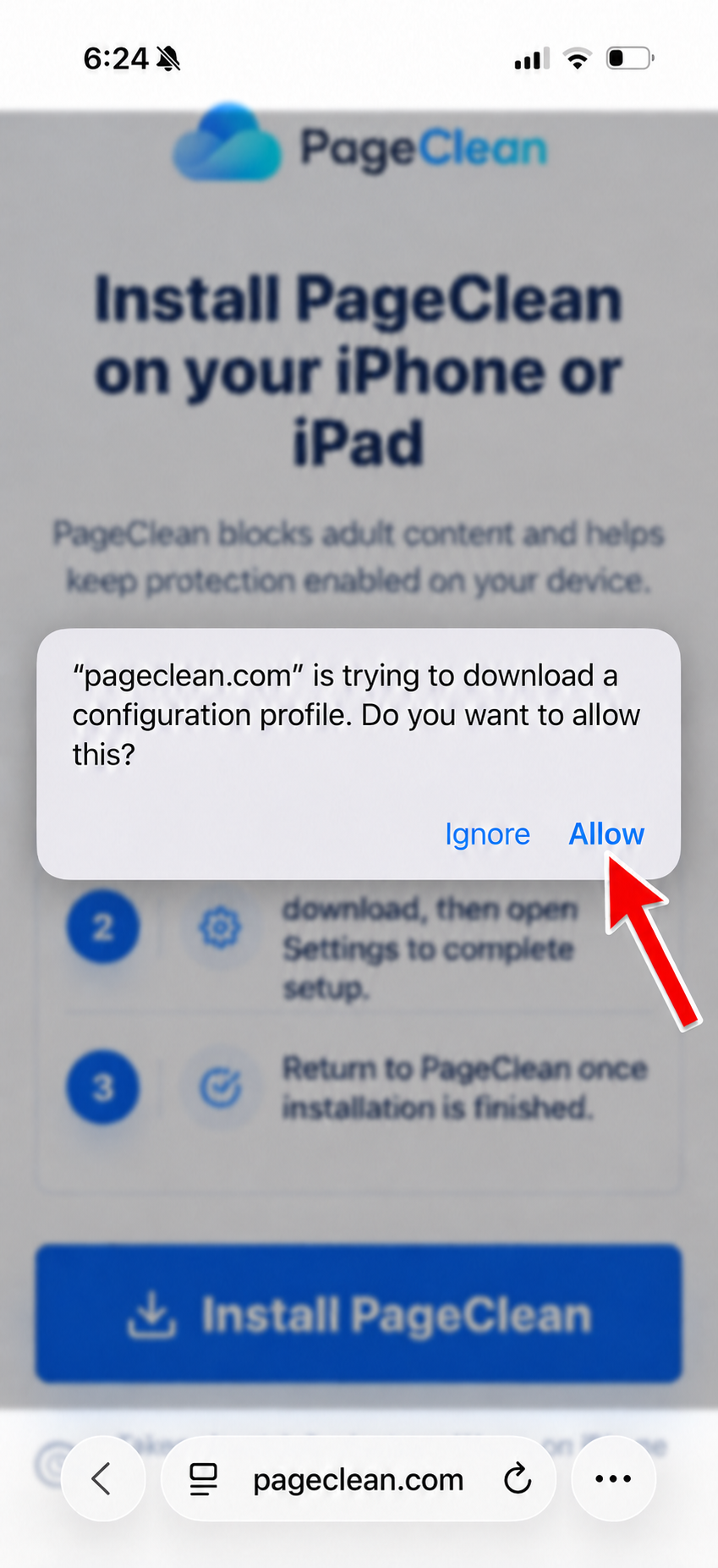 iOS prompt asking to allow the PageClean configuration profile download
