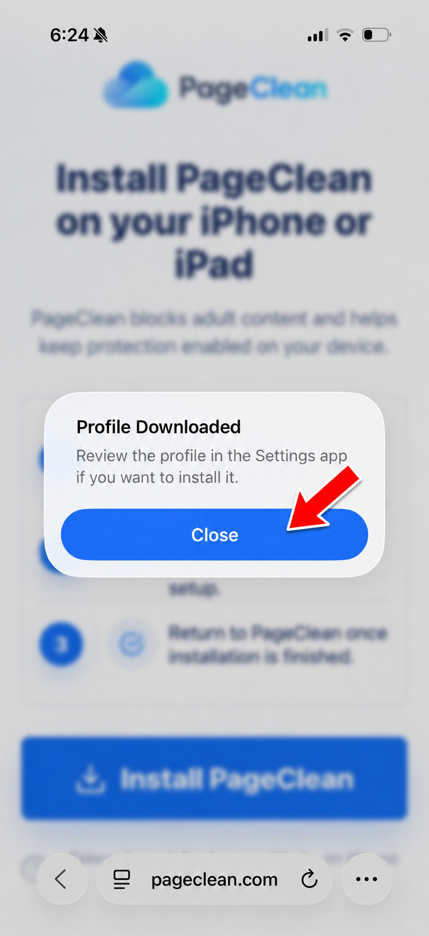 iOS profile downloaded message with a Close button