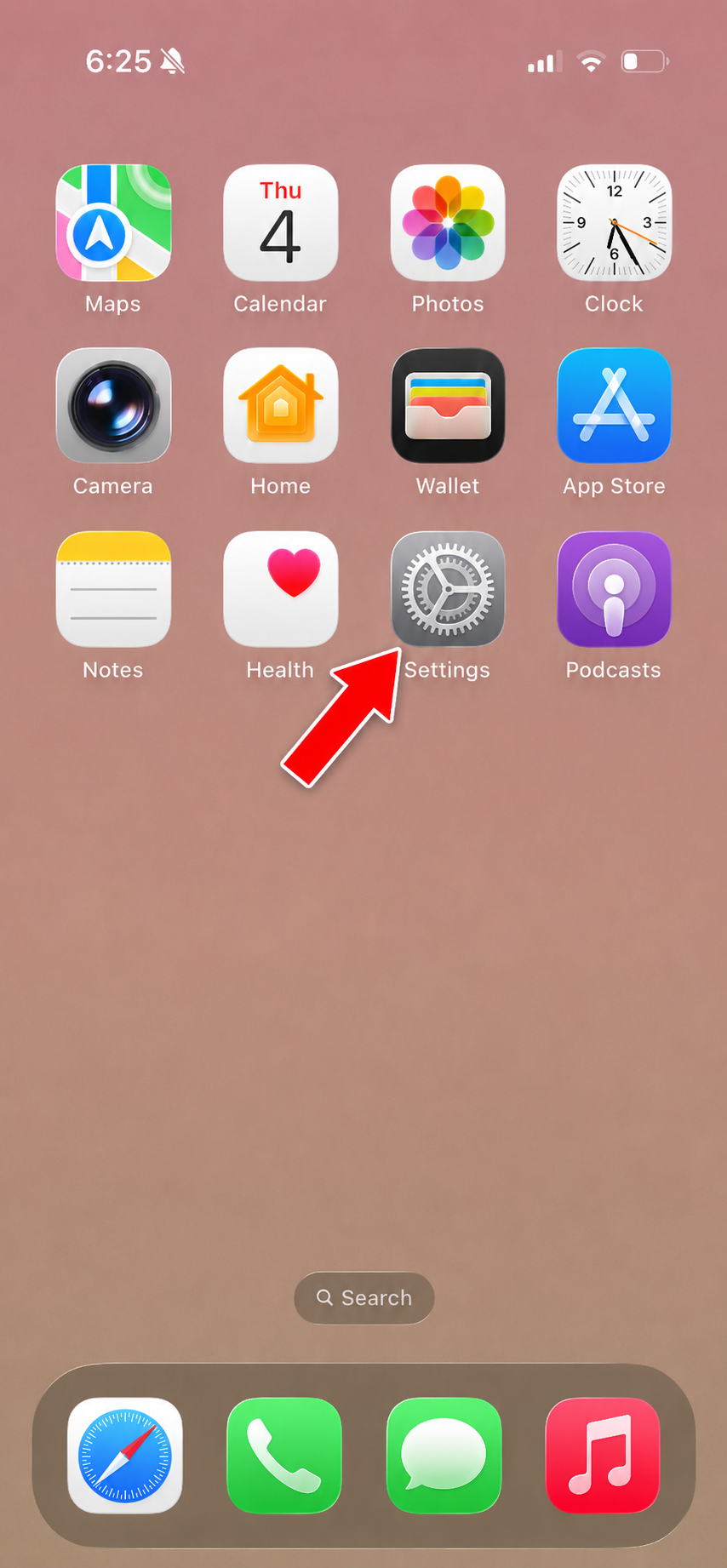 iPhone home screen with an arrow pointing to Settings