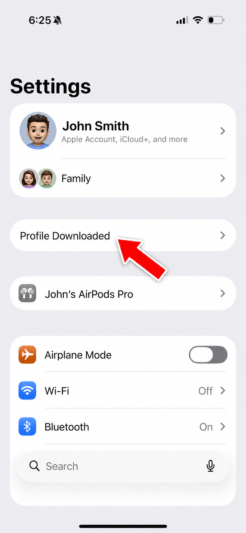 iOS Settings screen showing Profile Downloaded