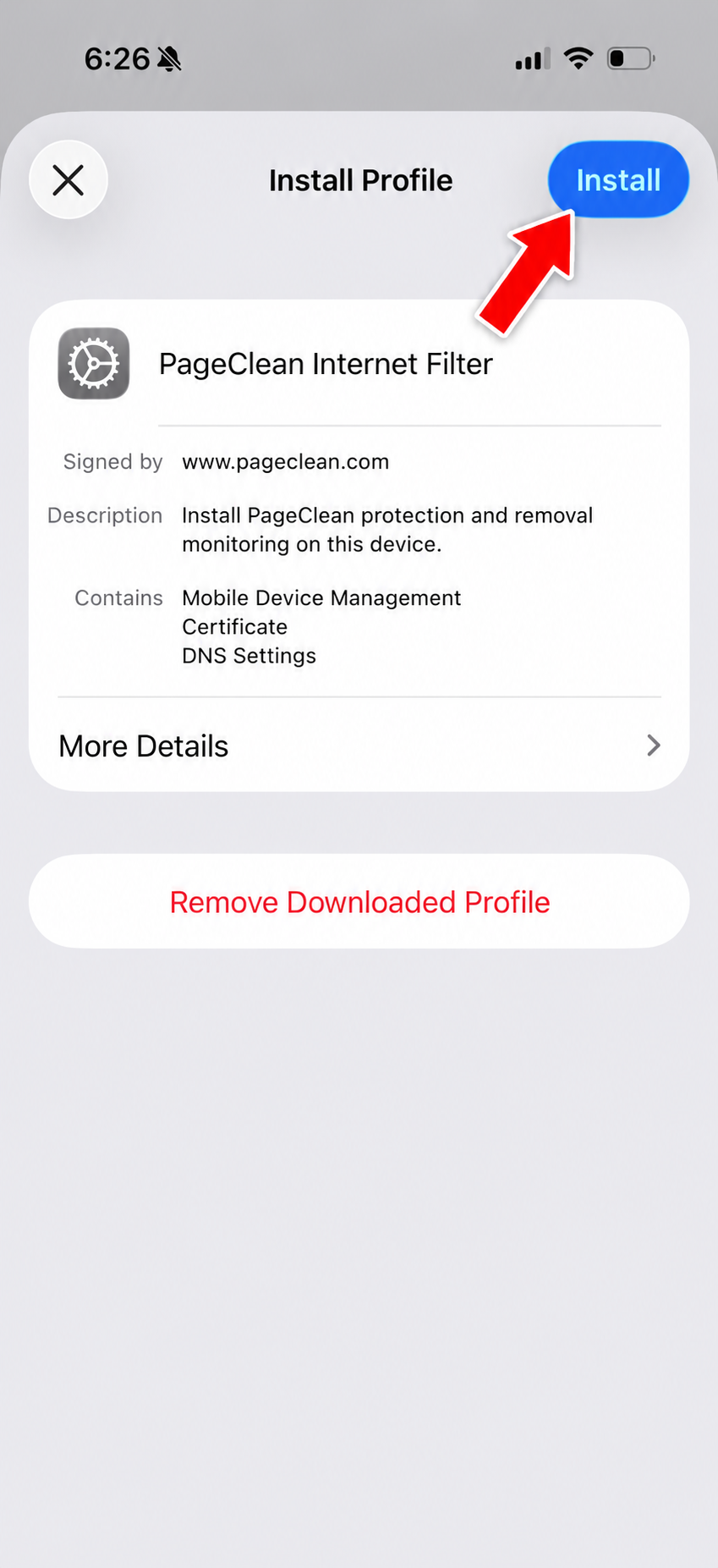 iOS Install Profile screen with an Install button