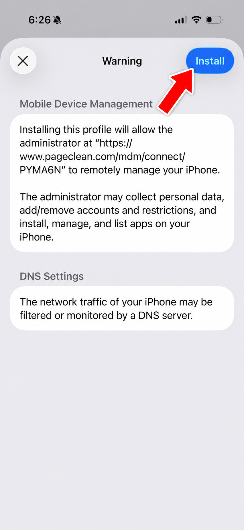 iOS warning screen with an Install button