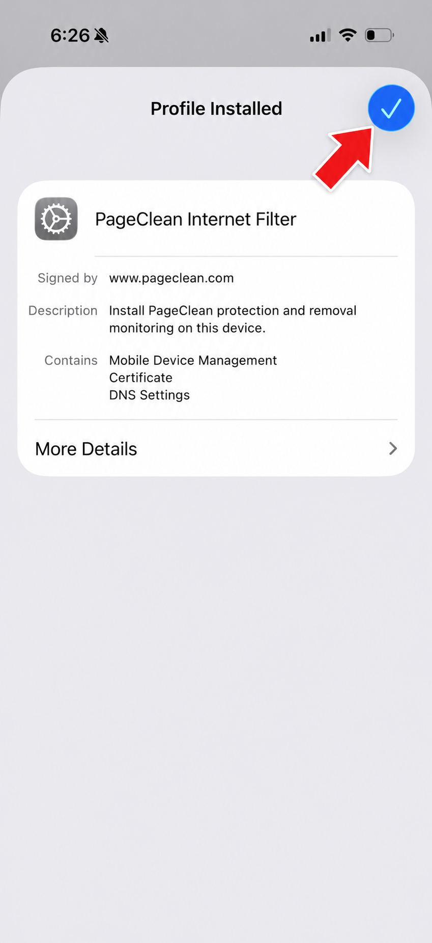 iOS Profile Installed screen for PageClean Internet Filter