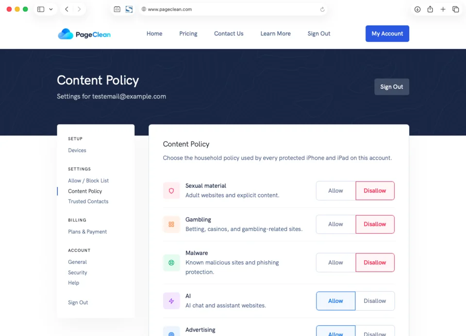 PageClean account dashboard on desktop