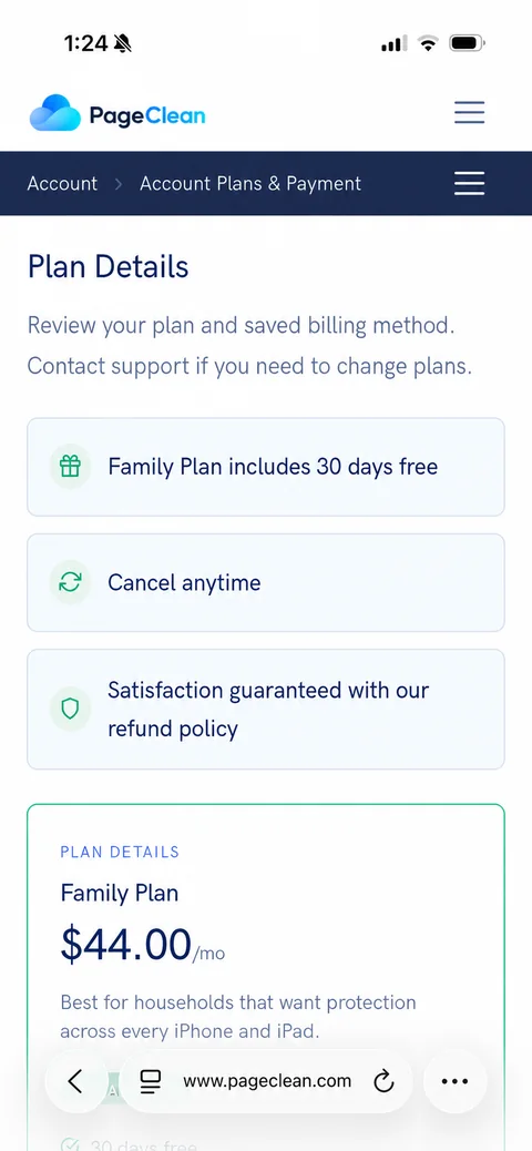 PageClean account dashboard on mobile