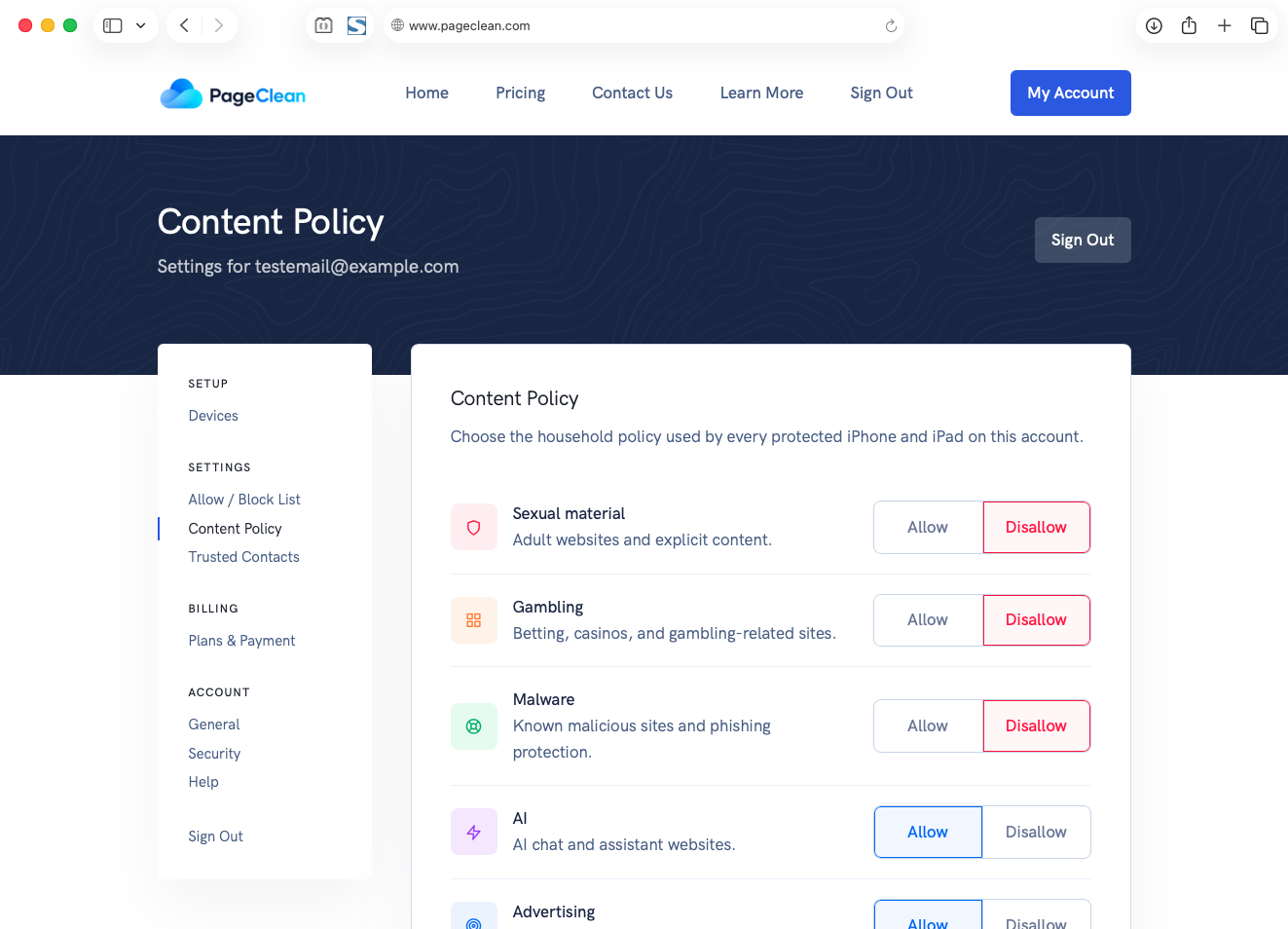 PageClean account dashboard on desktop