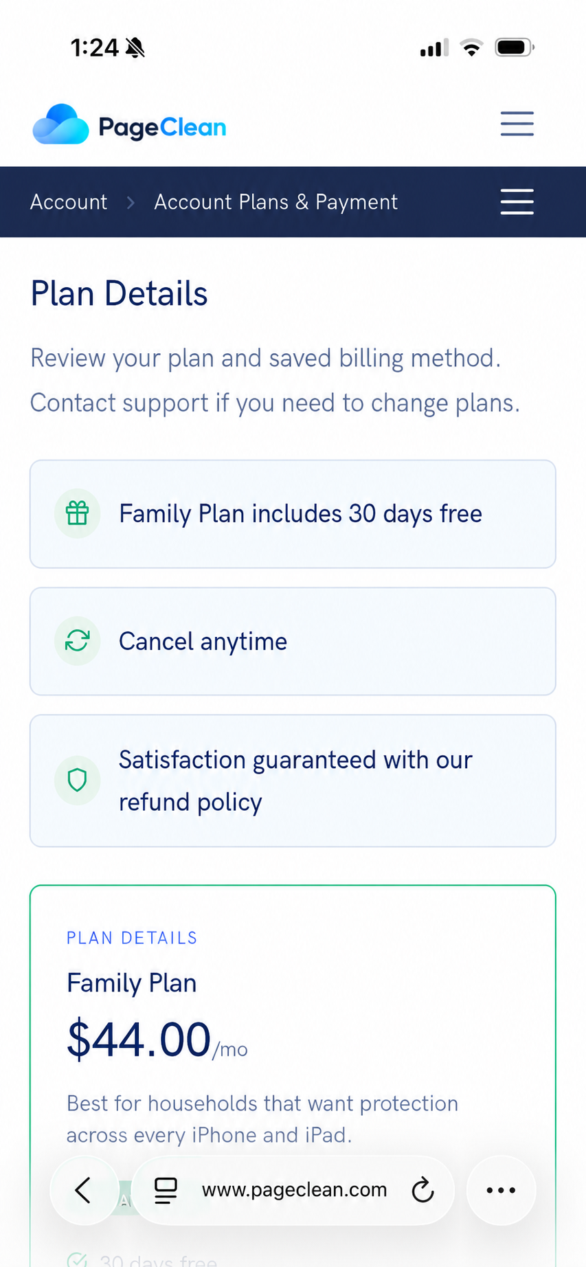 PageClean account dashboard on mobile